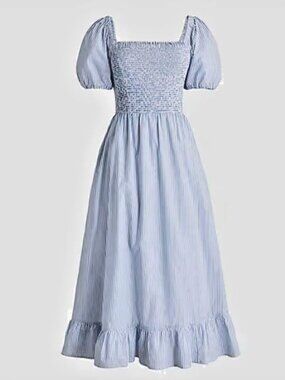 J. Crew Factory Striped Puff Sleeve Midi Dress Light Blue Size Medium Women's